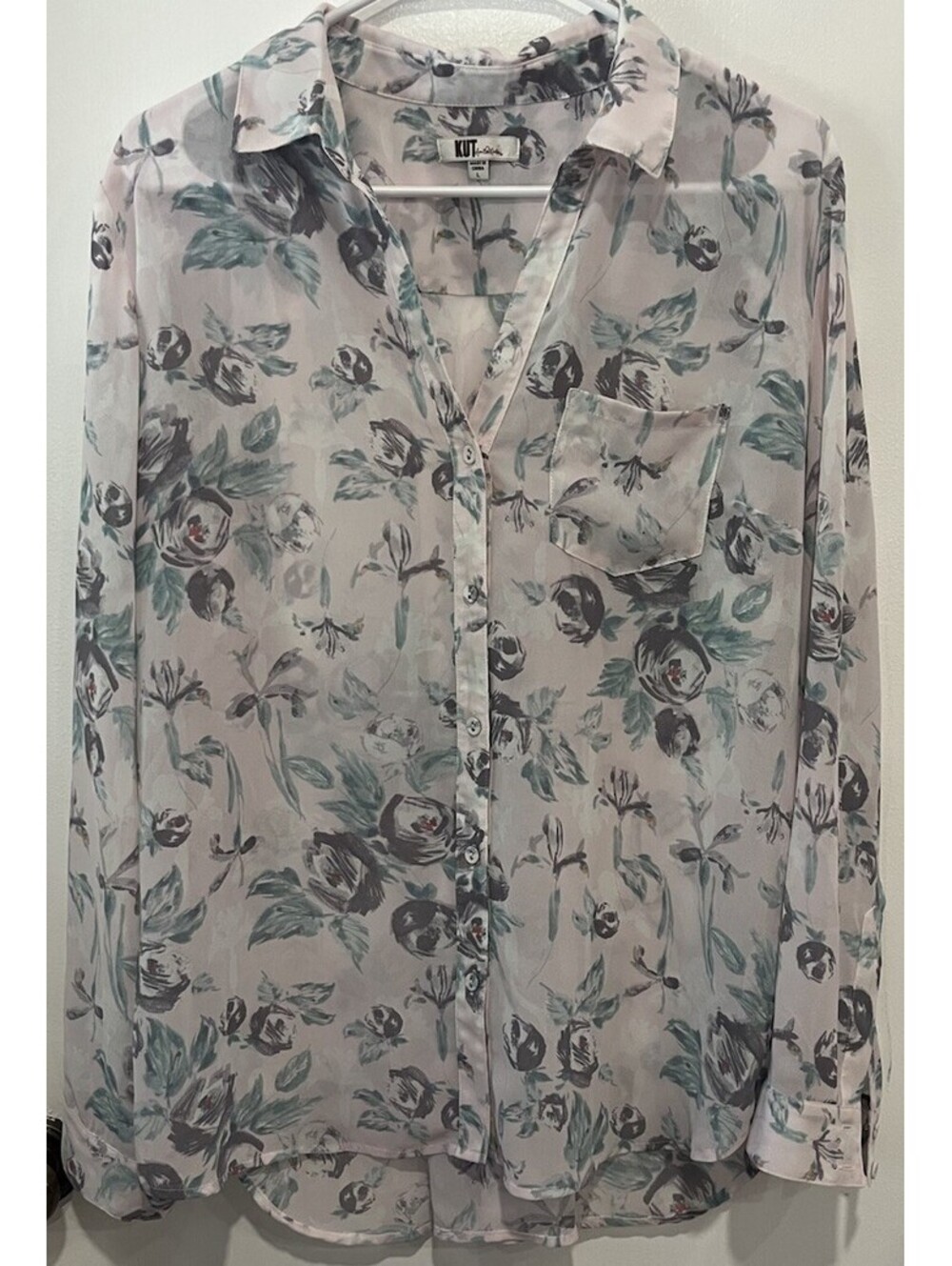 KUT from the Kloth Women's L Pink Blue Floral Collared Long Sleeve Button-Up